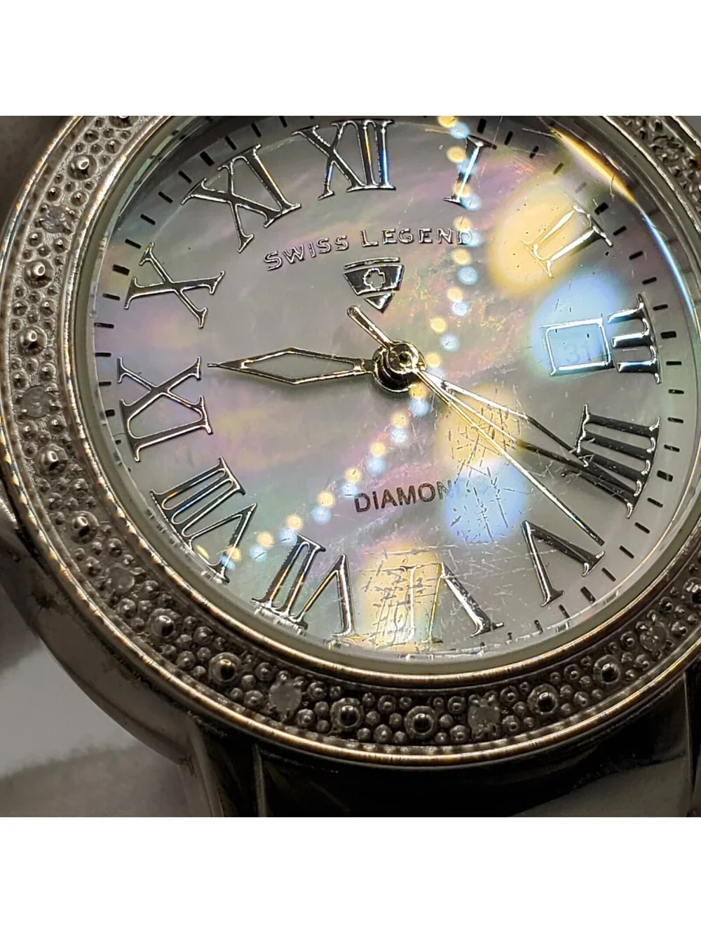 Swiss Legend South Beach Diamond Watch Women 36mm Silver Tone MOP New Battery